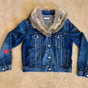 Denim jacket with vintage fur collar and large vintage DG Devotion patch on the
